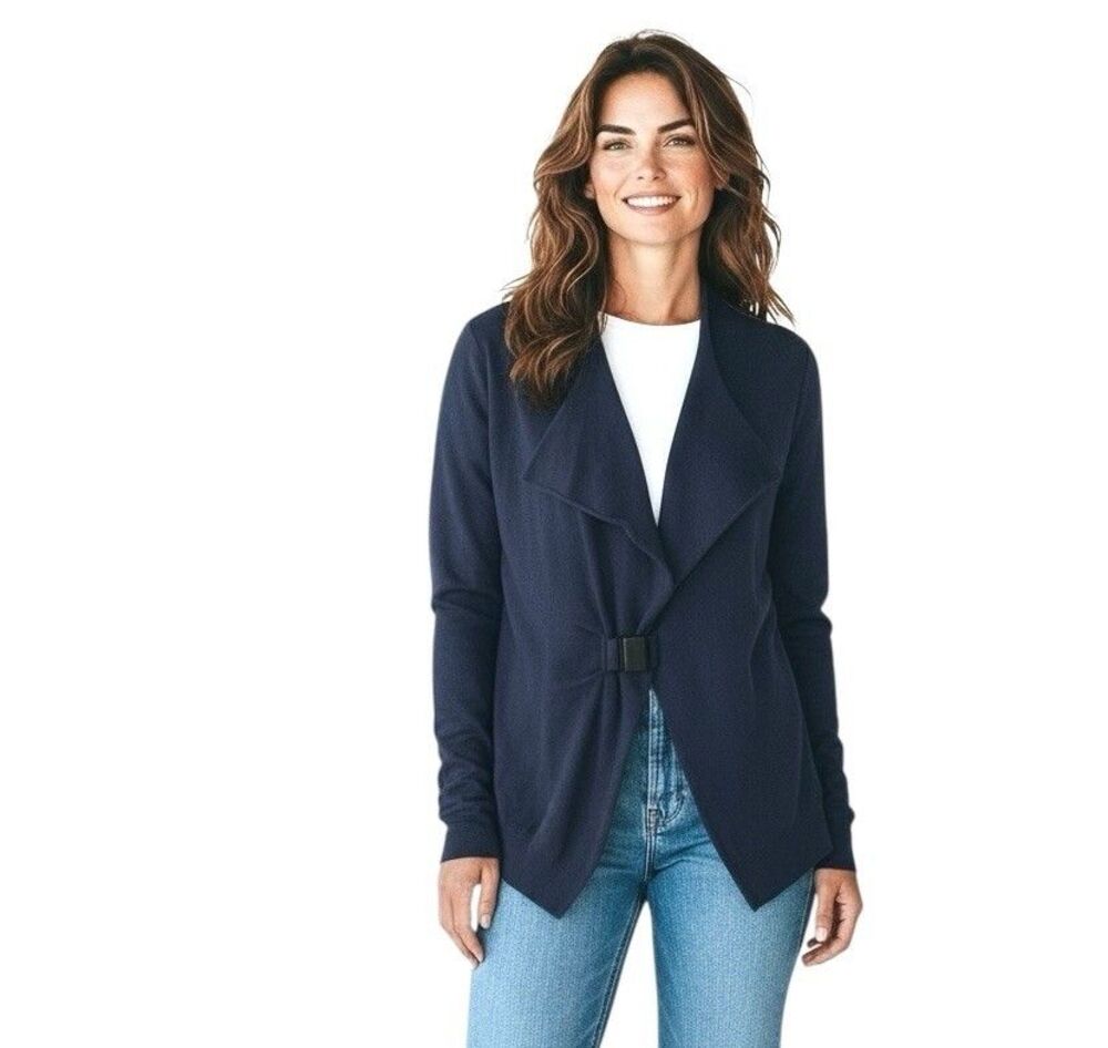 Brunello Cucinelli 100% Cashmere Cardigan XL Blue Acrylic Clasp Asymmetric Italy